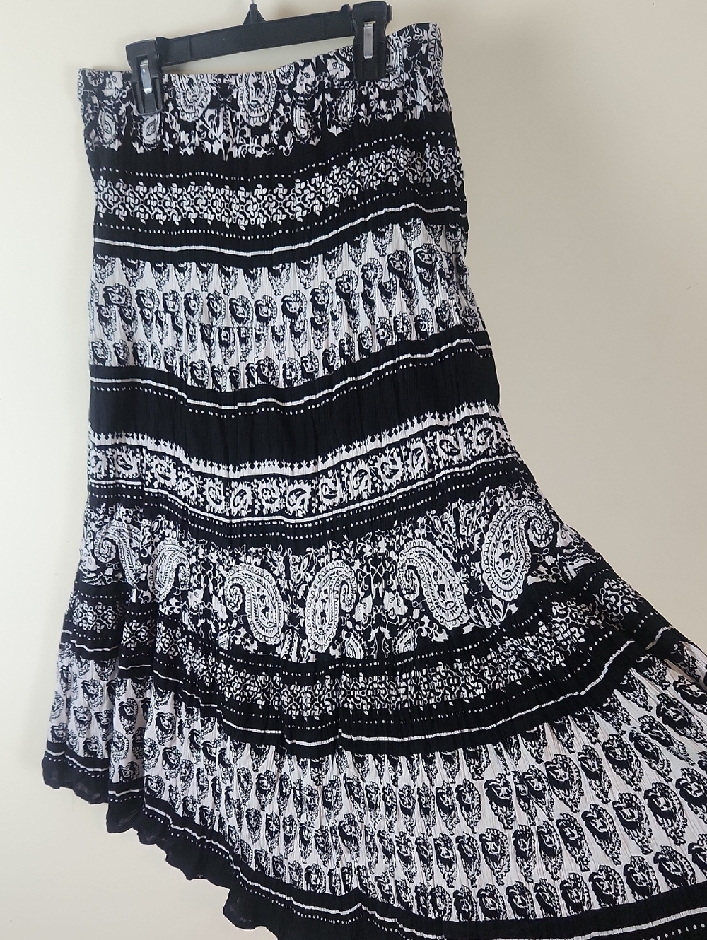 Boho Bohemian Hippie Maxi  Black and White Printed Broomstick Skirt - Small